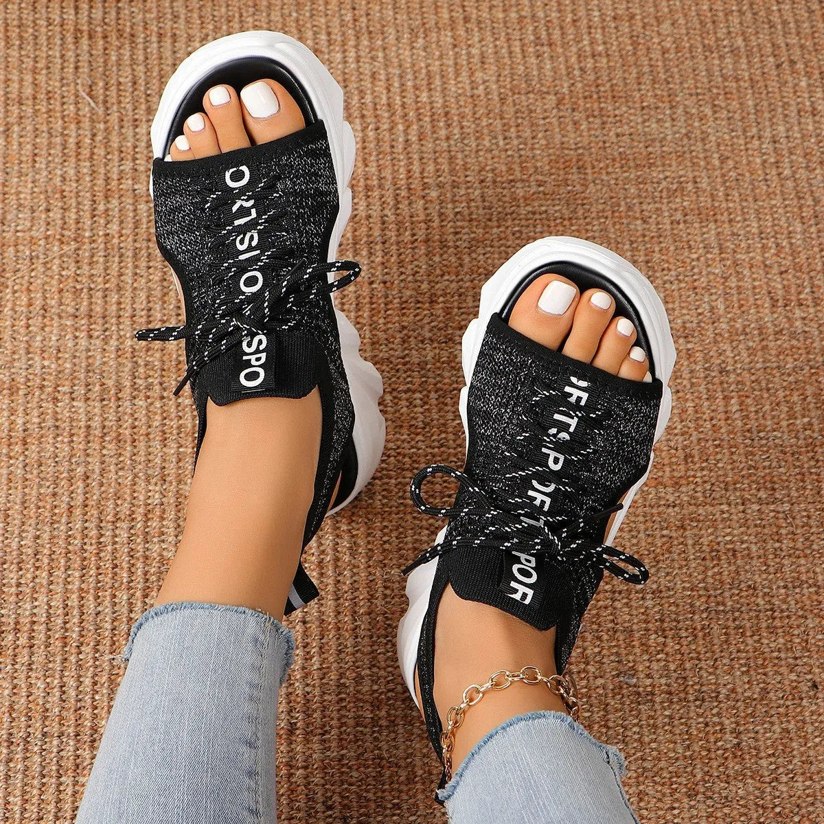 Women's hollowed-out mid heel mesh platform sandals in beige with front lace-up and round toe