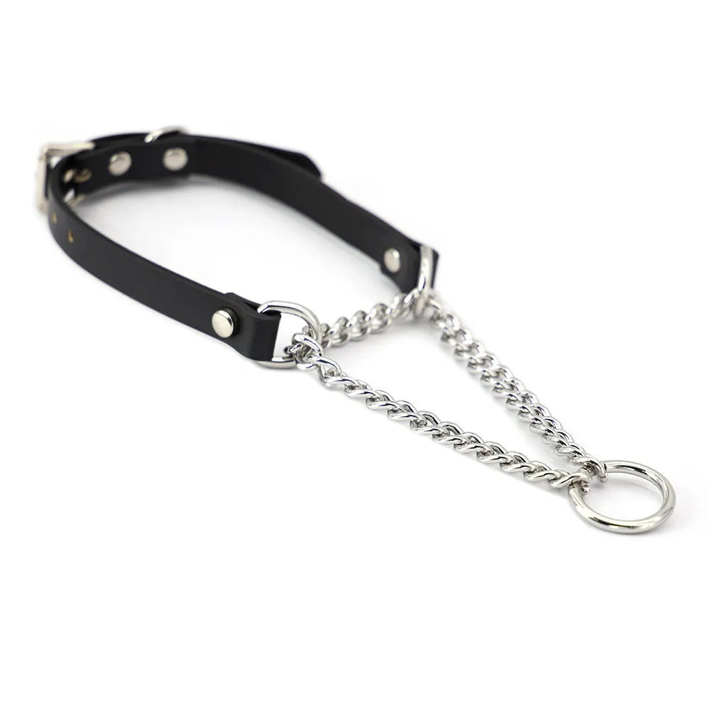 Black cowhide leather bondage collar and leash set with hand grip rope