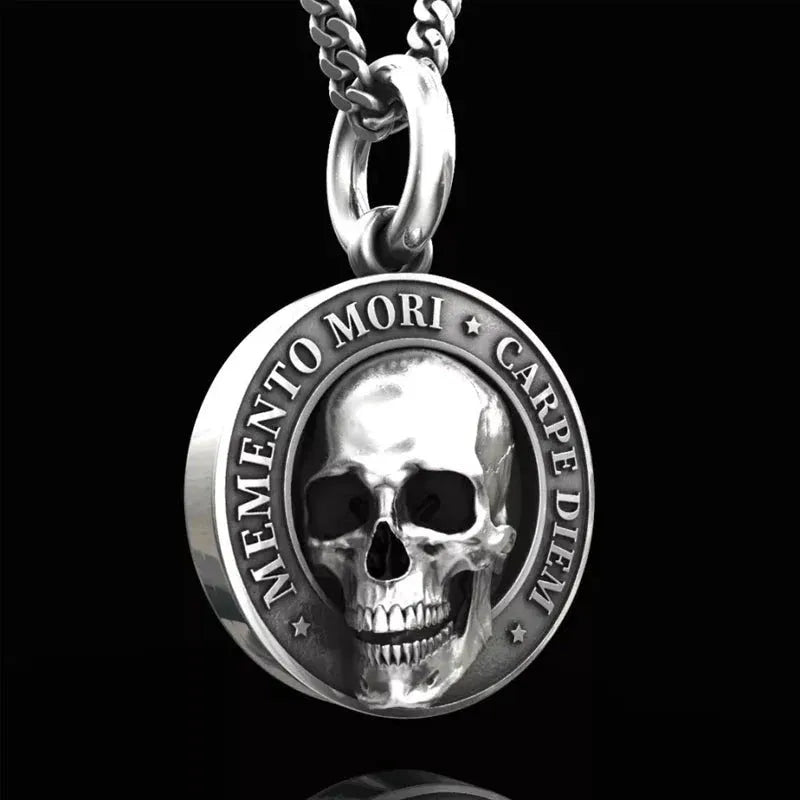 Antique silver stainless steel skull pendant on horsewhip chain with adjustable 51-80cm circumference