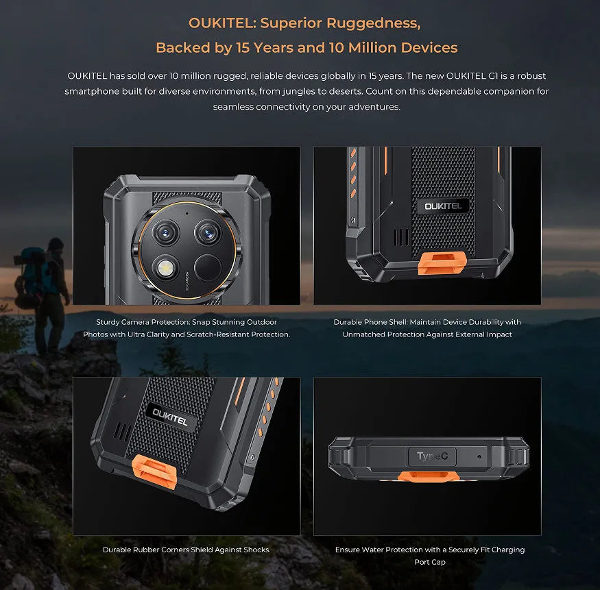 OUKITEL G1 mobile phone in green, grey, or orange colour with charger and manual