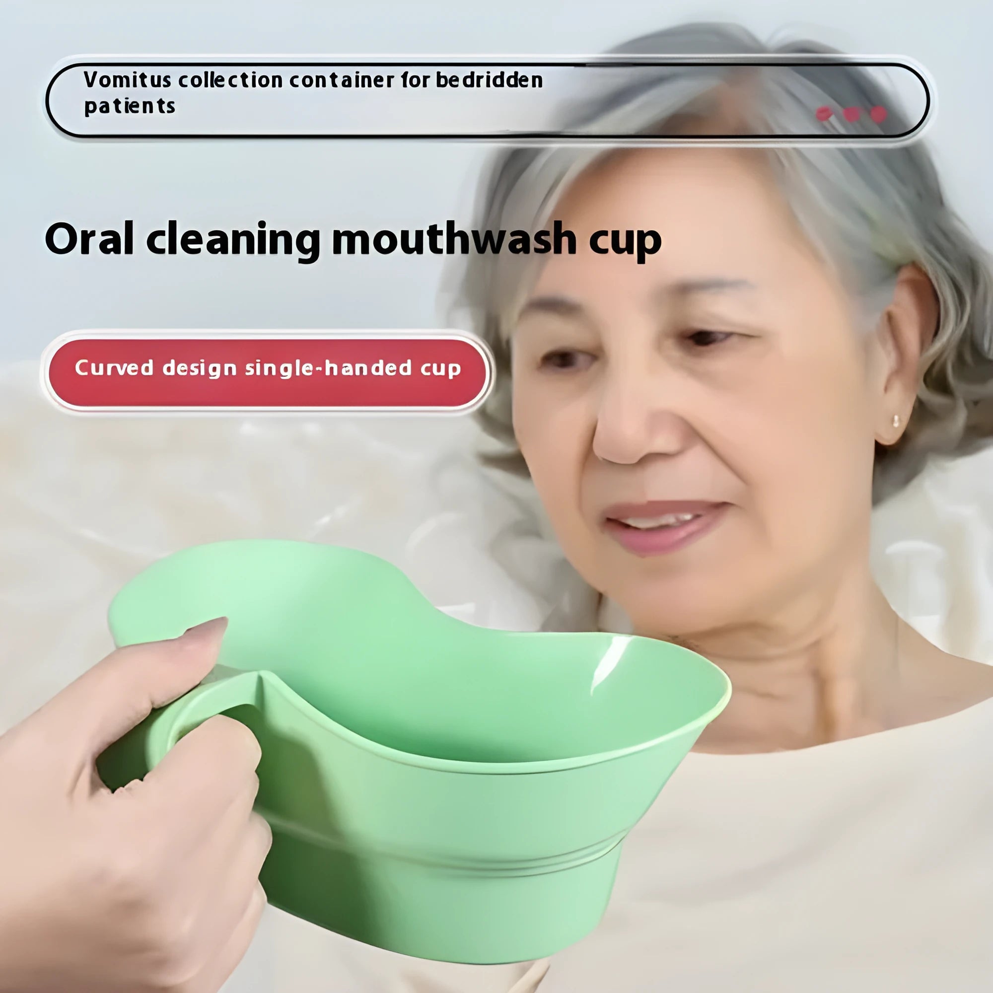 Green plastic gargle cup with spout for bedridden patient oral hygiene assistance