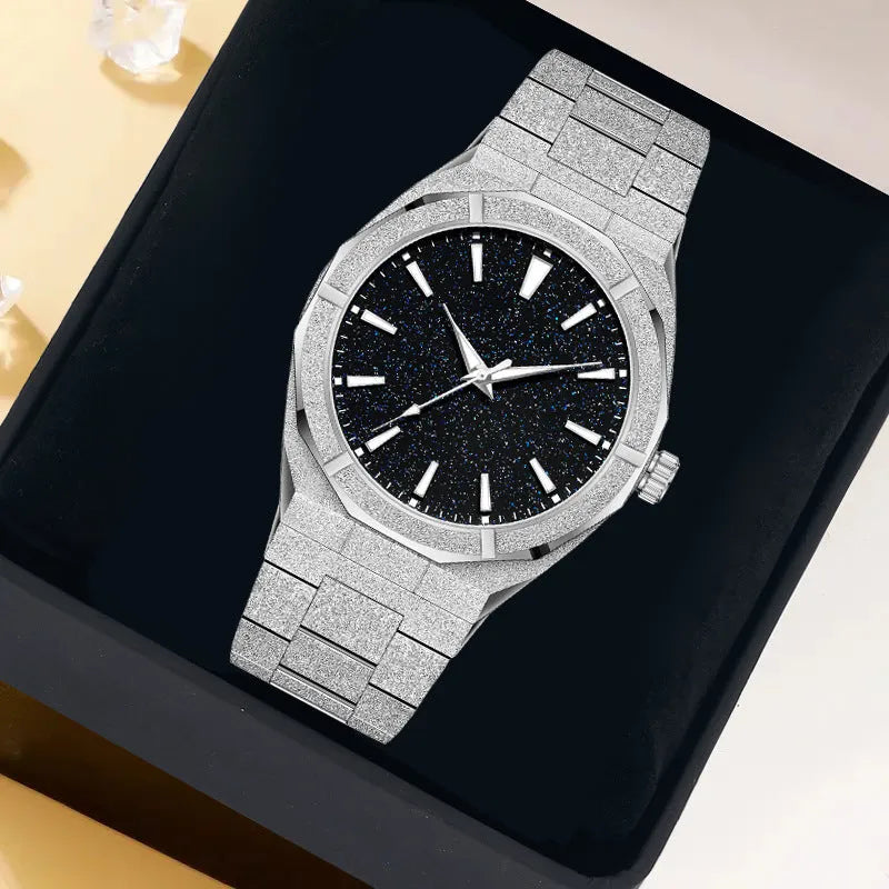 Men's frosted stainless steel business watch with luminous hands in black, gold or silver