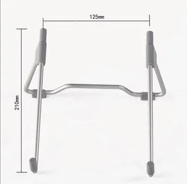 Grey foldable aluminium and plastic adjustable stand holding a mobile phone and a tablet at an angle.