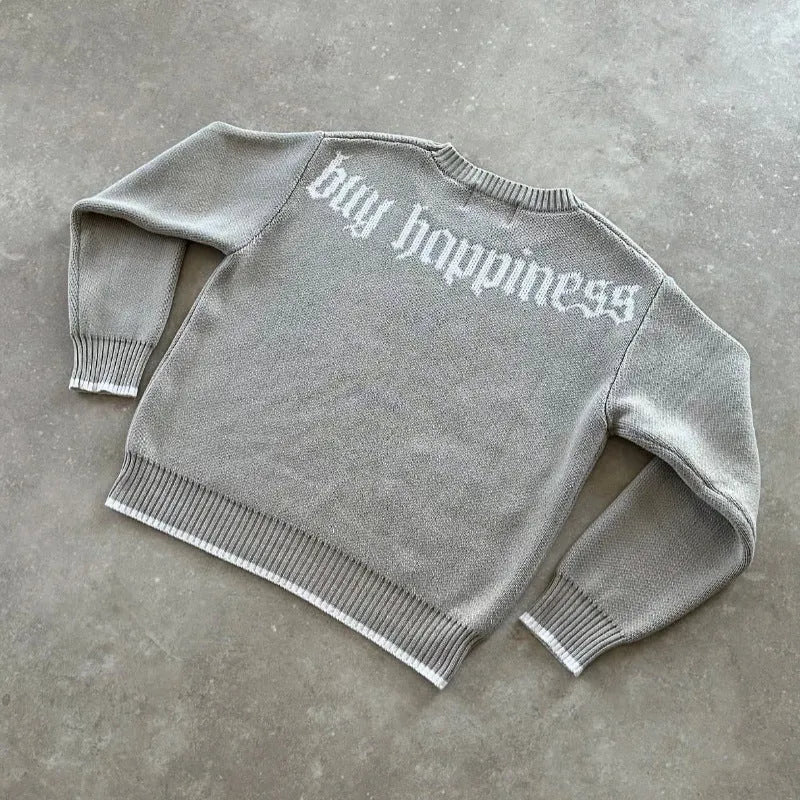Grey loose-fitting jacquard knit coat for women, long sleeve pullover style.