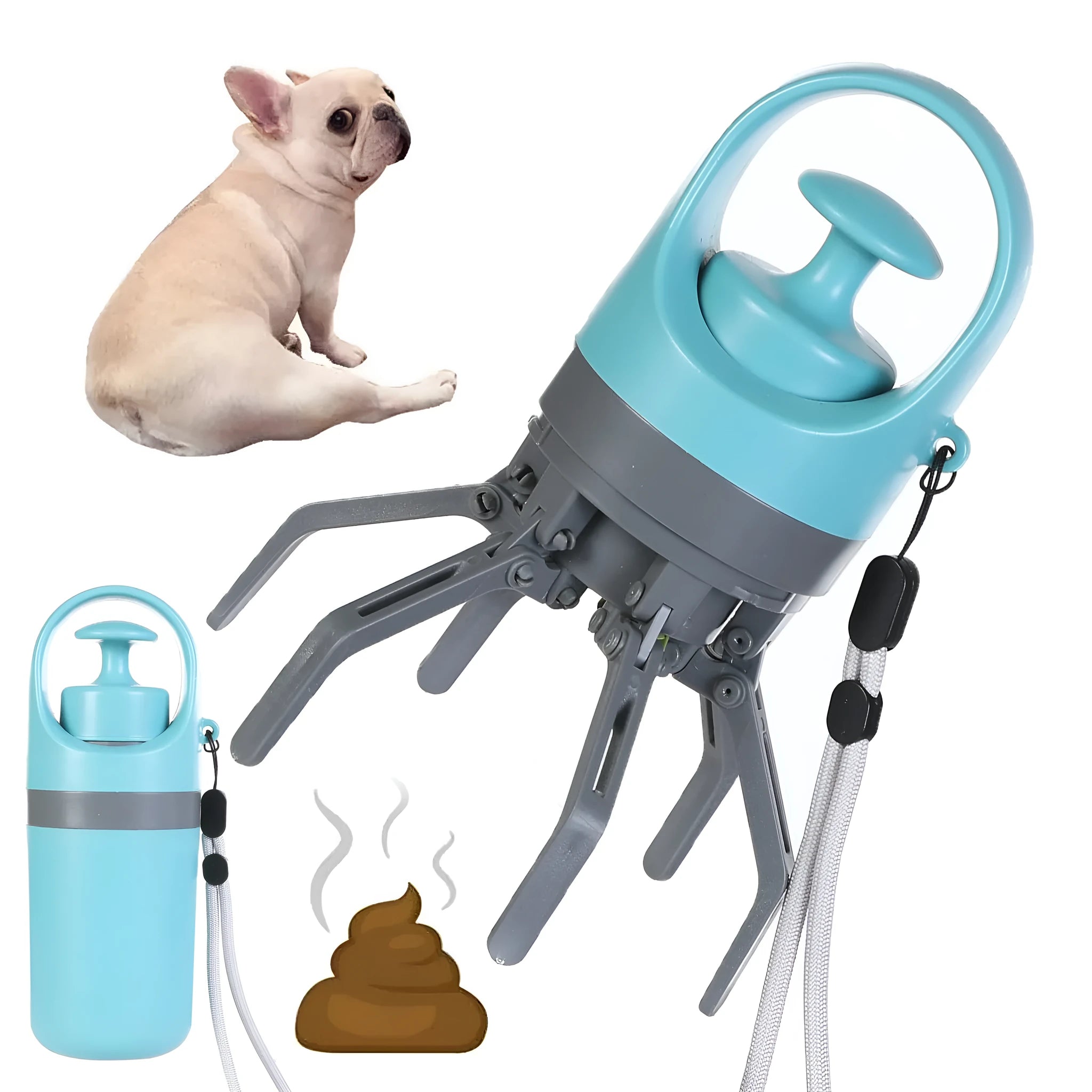 Blue portable dog pooper scooper with built-in bag dispenser and eight-claw shovel
