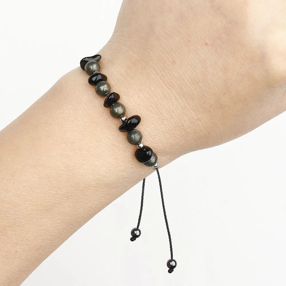 Black garnet stone beaded bracelet with geometric shapes and moon elements in original gravel design