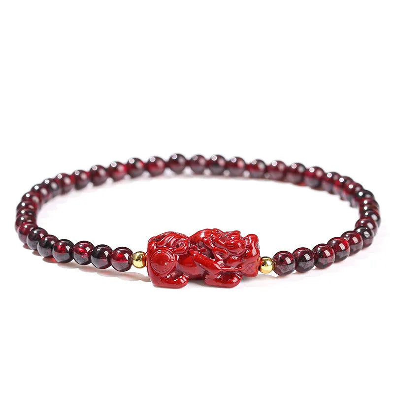 Natural garnet strawberry quartz square bracelet with carved Pixiu design for women