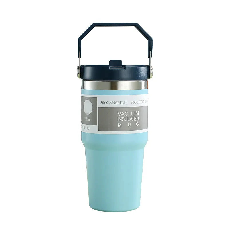 30oz insulated stainless steel tumbler in dark pink with handle cover and splash-proof lid