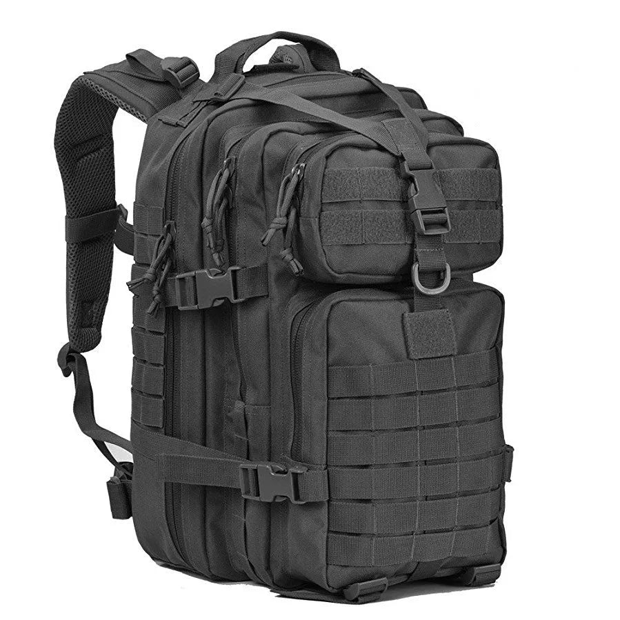 Multi-colour camouflage tactical backpack with MOLLE system, 45L capacity, standing on outdoor terrain