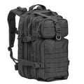 Multi-colour camouflage tactical backpack with MOLLE system, 45L capacity, standing on outdoor terrain