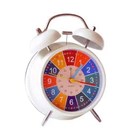 White children's alarm clock with LCD pointer and number display, night light button, and cartoon style design