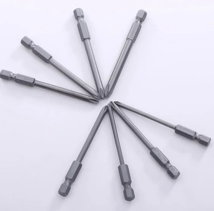 JAPAN SEALS set of eight 75mm long magnetic Phillips head screwdriver bits with hex shanks.