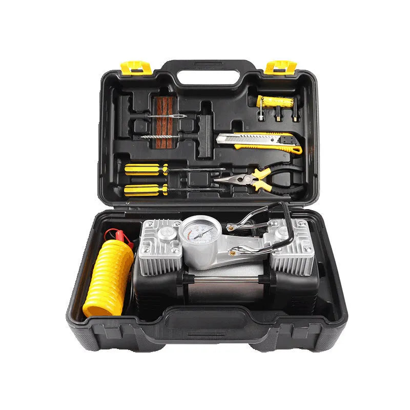 Multifunctional 12V electric car tire repair kit tool box with air compressor and inflation nozzles for tires and inflatables