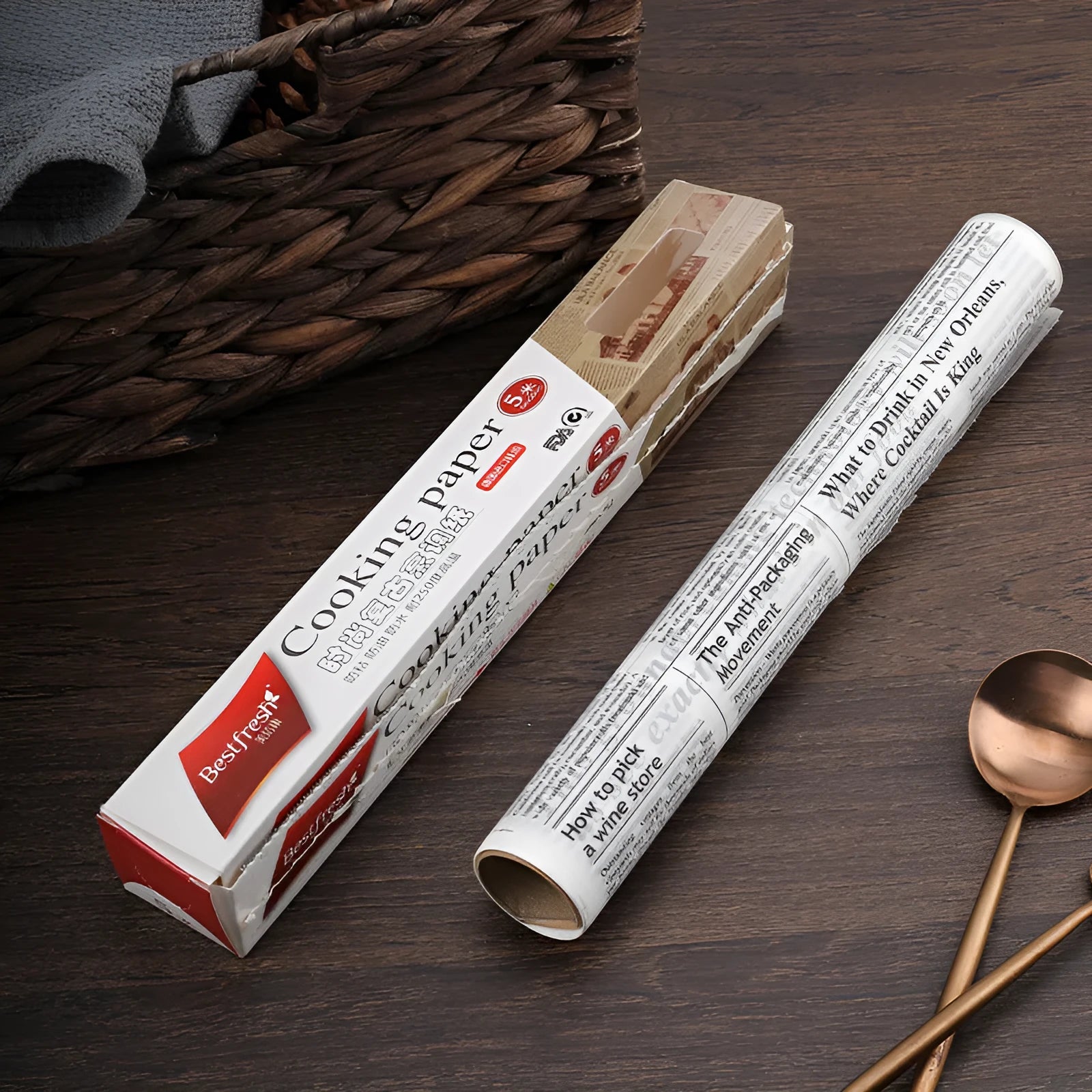 Roll of retro newspaper style oiled baking paper 5 metres long brown and white options
