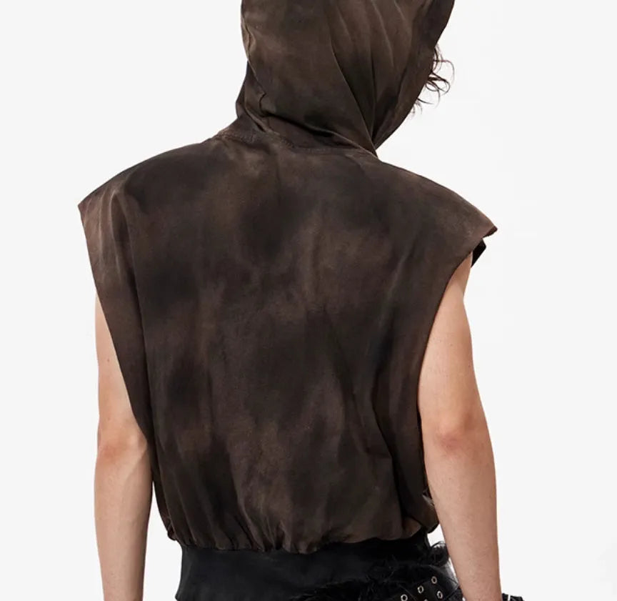 Khaki coloured cotton short hooded vest with short sleeves on a hanger.