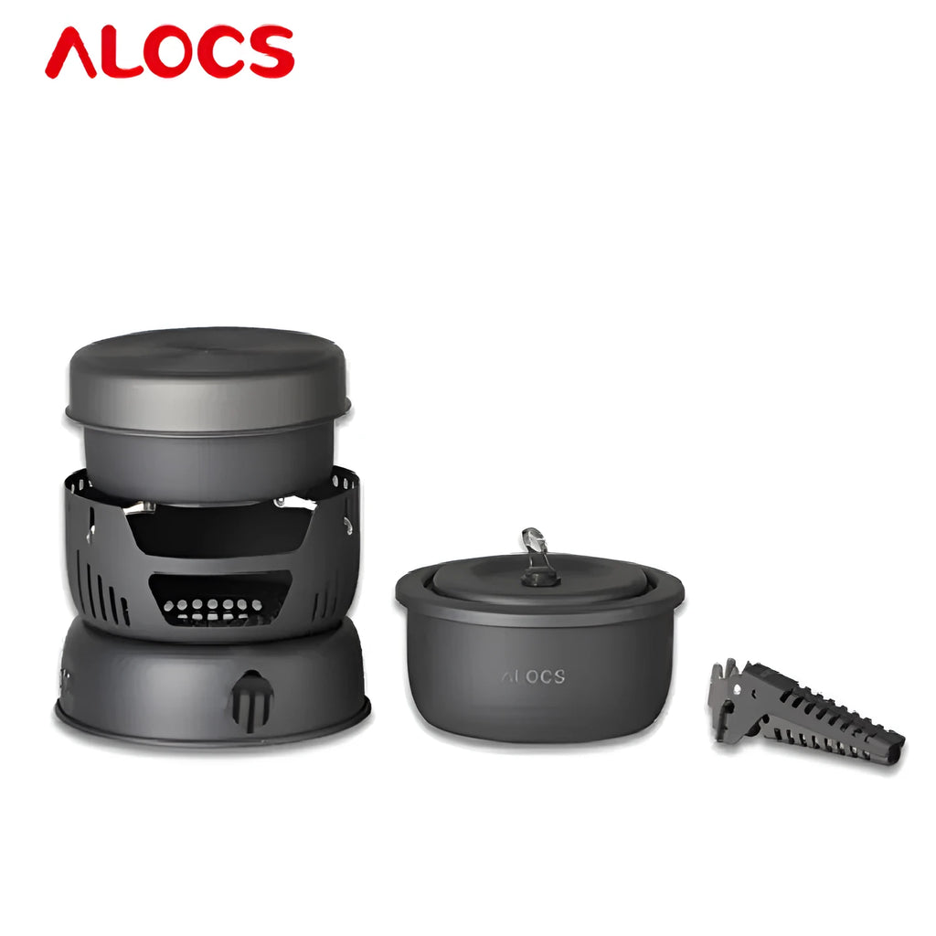 Alocs CW-K26 aluminium non-stick outdoor camping pot set stacked on a wooden table.