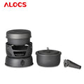Alocs CW-K26 aluminium non-stick outdoor camping pot set stacked on a wooden table.