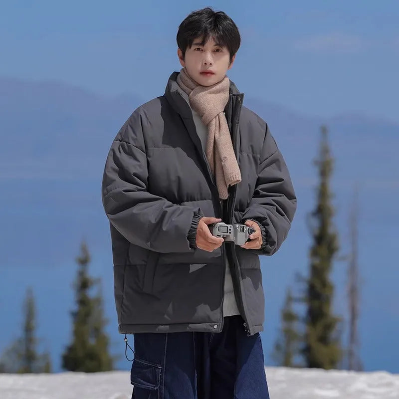 Loose down cotton puffer jacket in solid black, thickened warm, side seam pockets, sizes S to 3XL