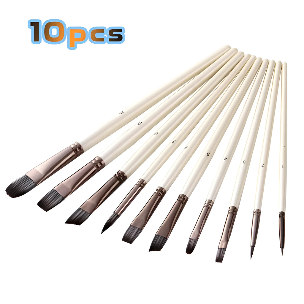 10 pearl white nylon watercolour brushes with wood handles in PVC packaging