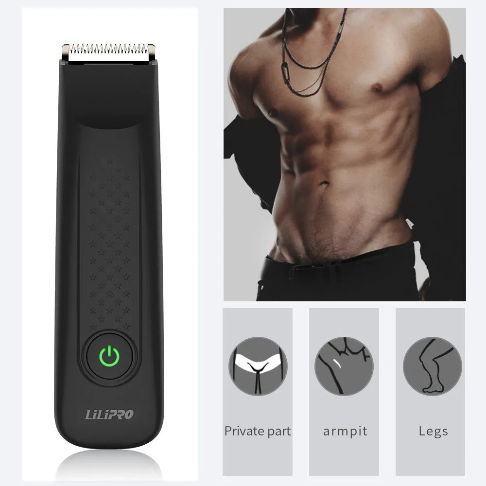 Men's black full-body waterproof electric shaver with ceramic blade and comb attachments