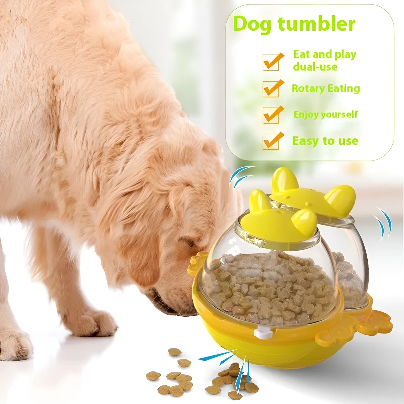 Yellow lake blue TPR dog food tumbler toy measuring 11.2 x 13.9 x 12.2 cm