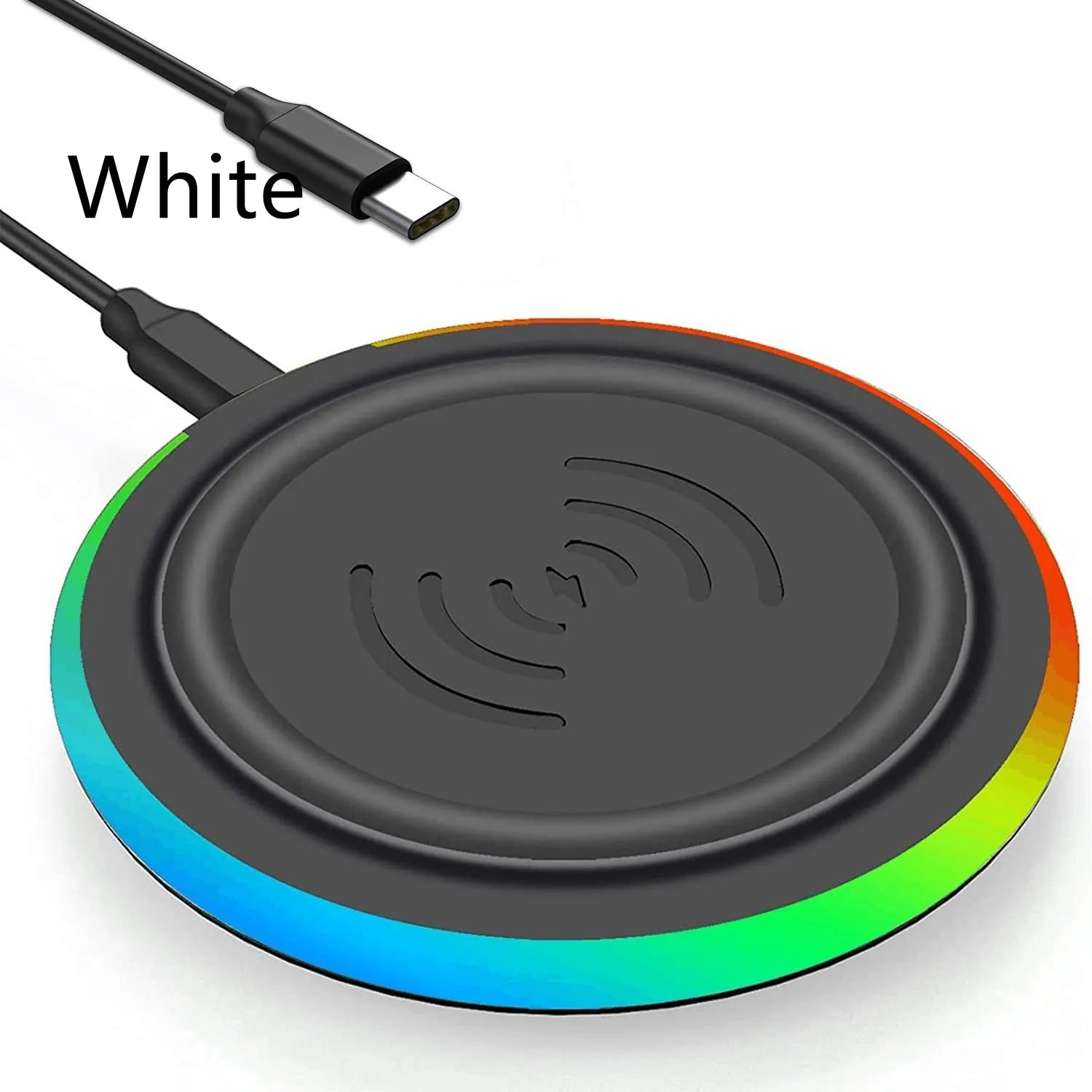 Ultra-thin round 10W wireless phone charger with Type-C input on a desk