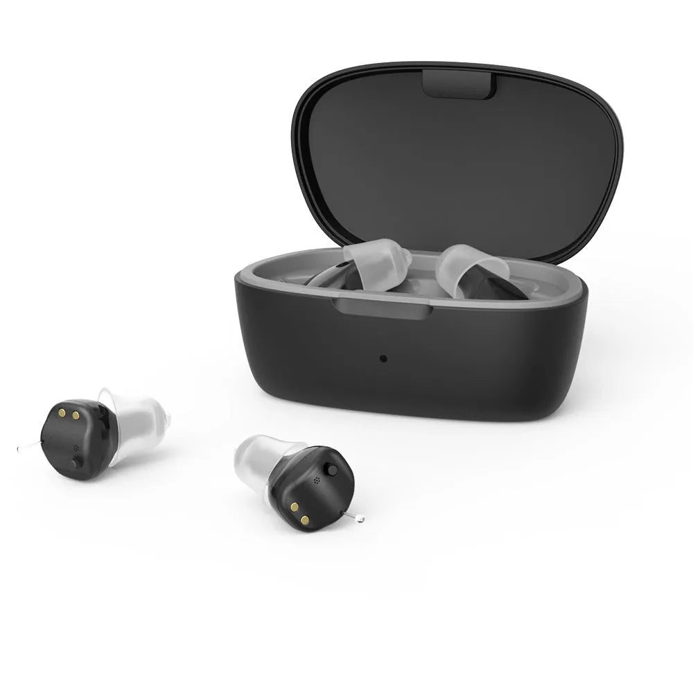 Portable in-ear hearing aid sound amplifier with USB charging, plastic body, colour options