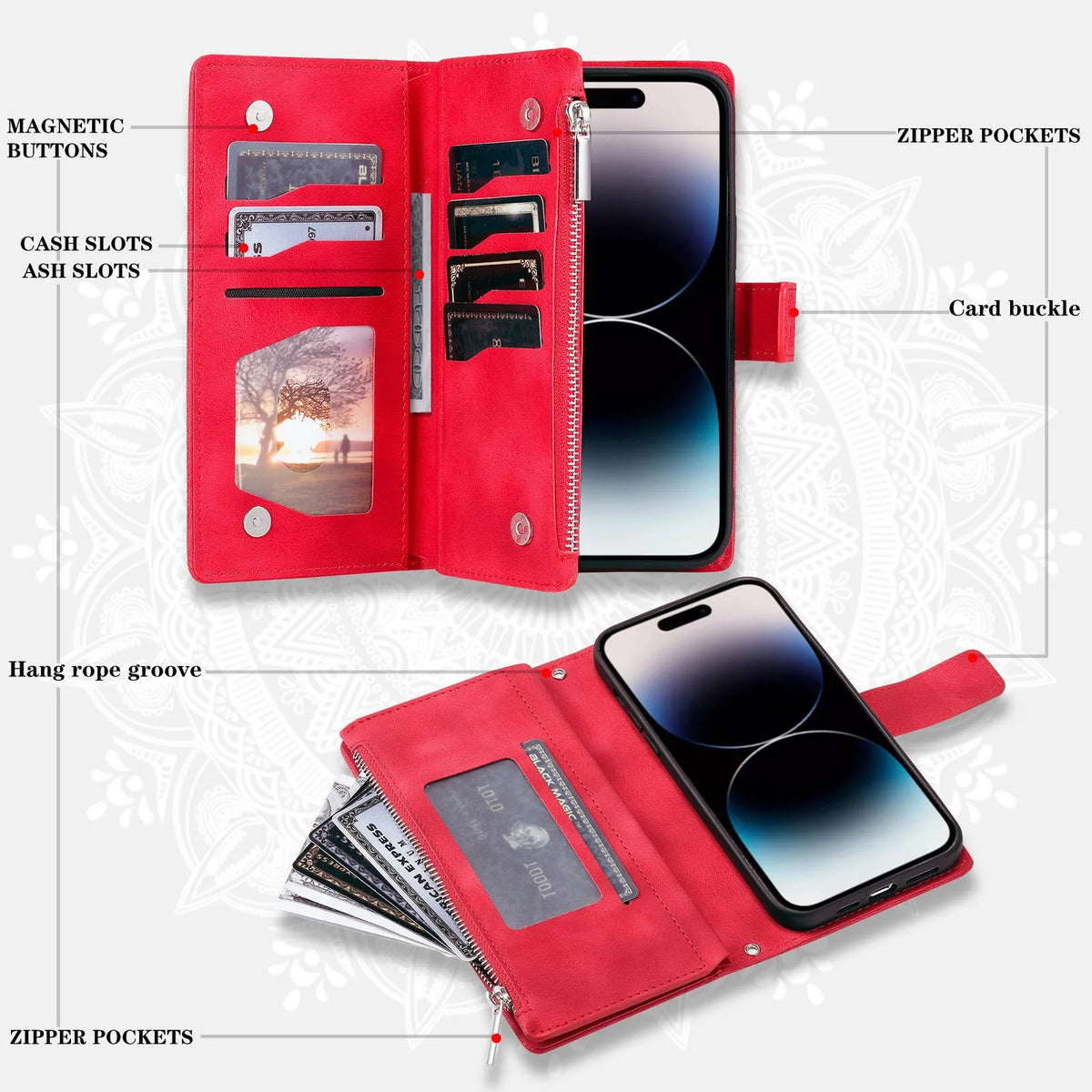 Embossed totem PU leather flip wallet phone case for iPhone with card slots and zipper in black, blue, green, pink, red, or purple.