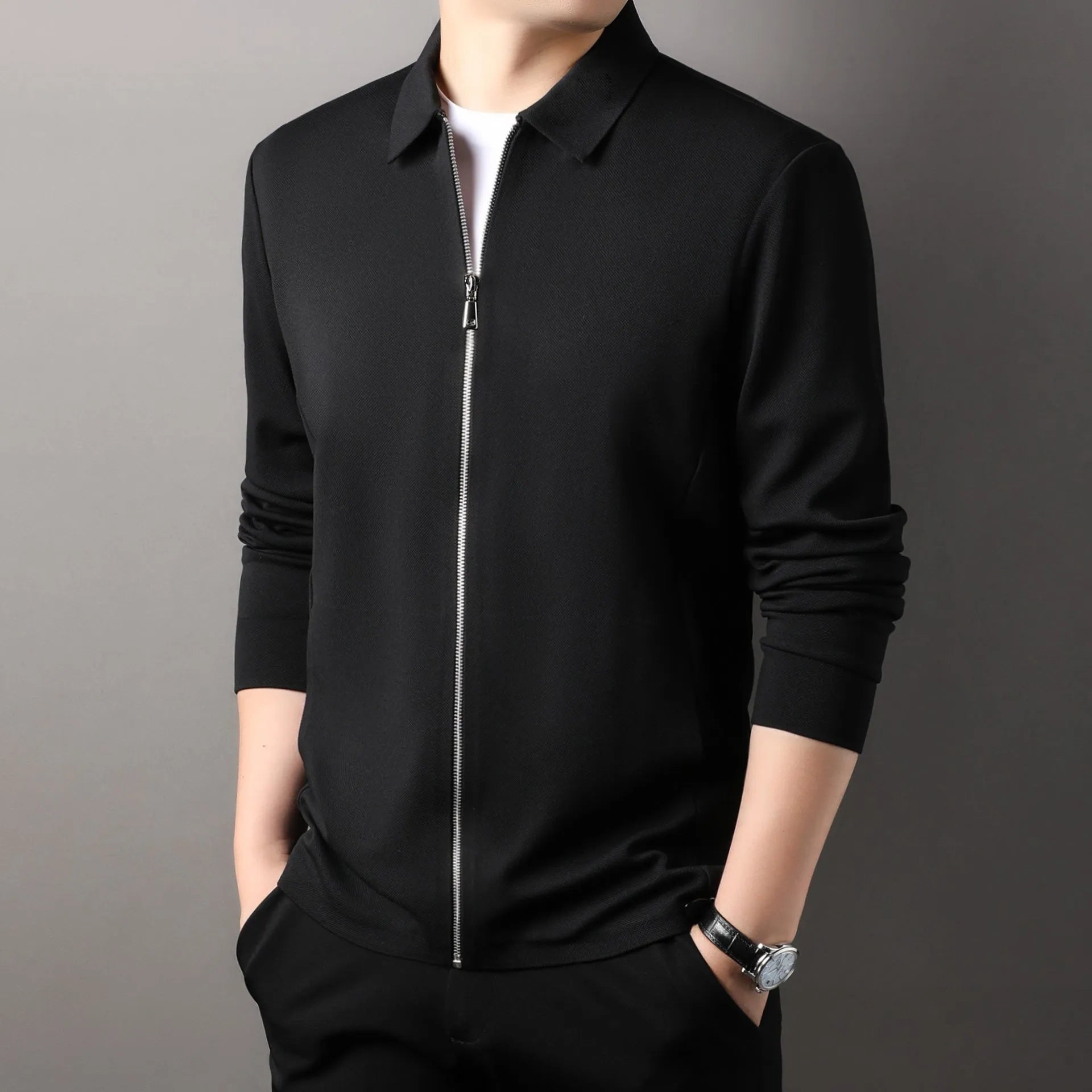 Men's apricot polyester business casual jacket with long sleeves and straight hem.