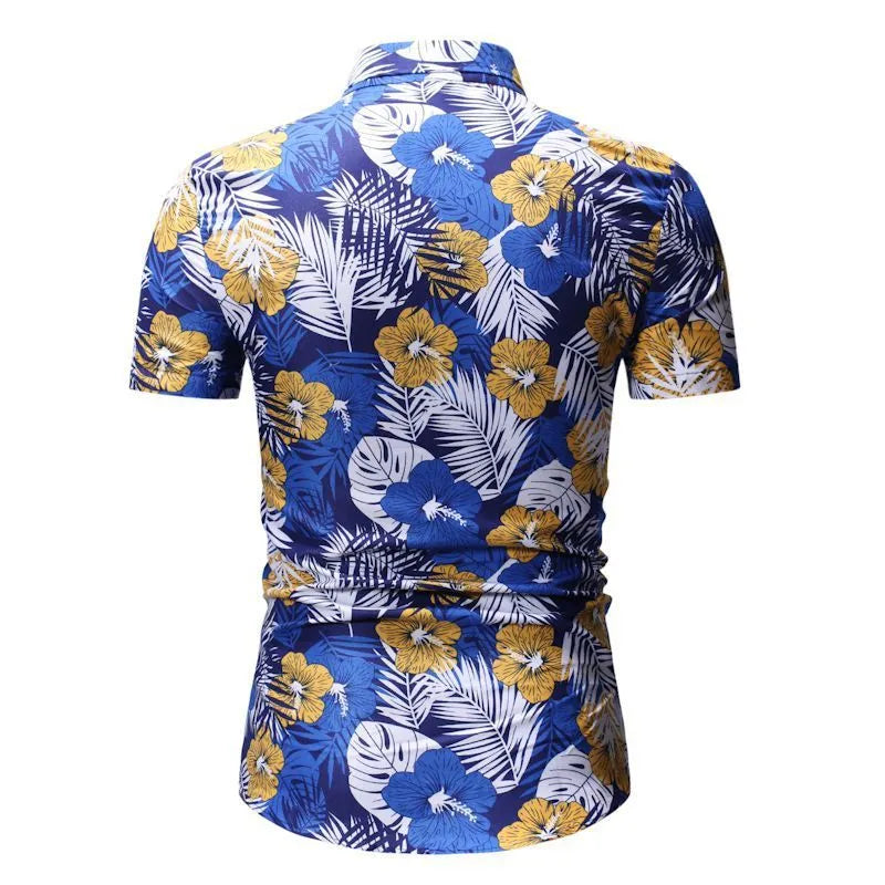 Men's white polyester square collar floral short-sleeved beach shirt