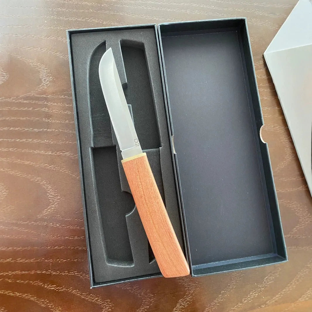 2-in-1 fruit knife set with pointed and square heads, stainless steel main material and wood handle area