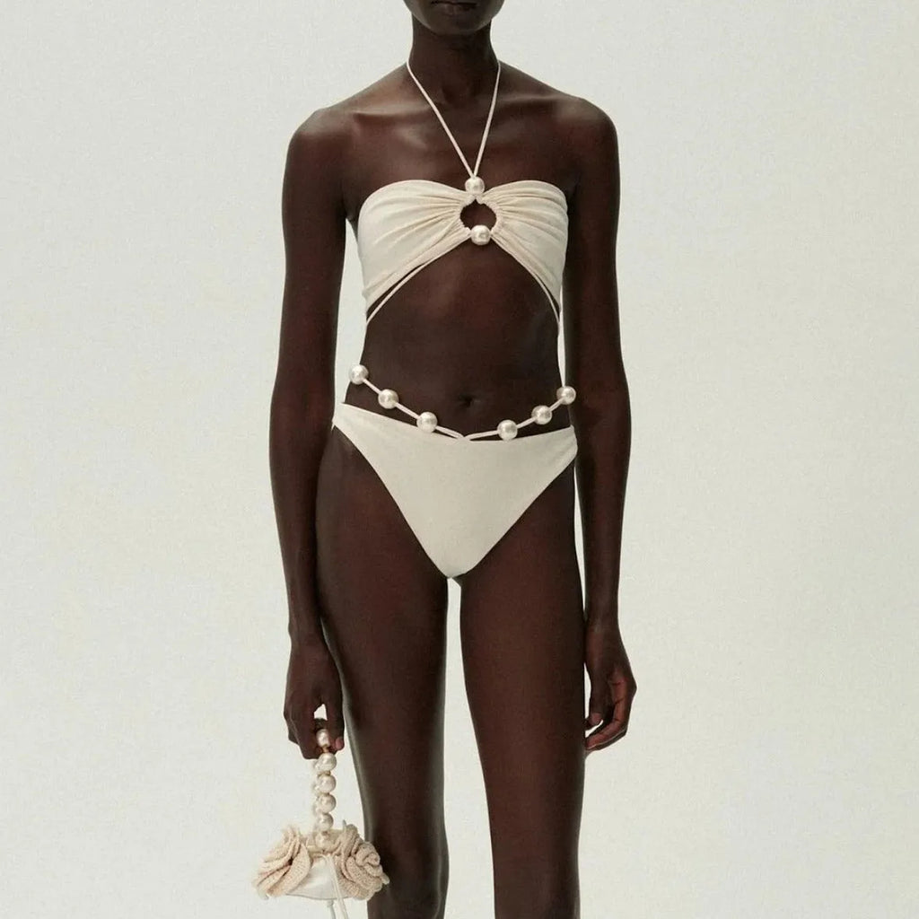 Black women's lace-up front bikini swimsuit with quick-drying nylon fabric