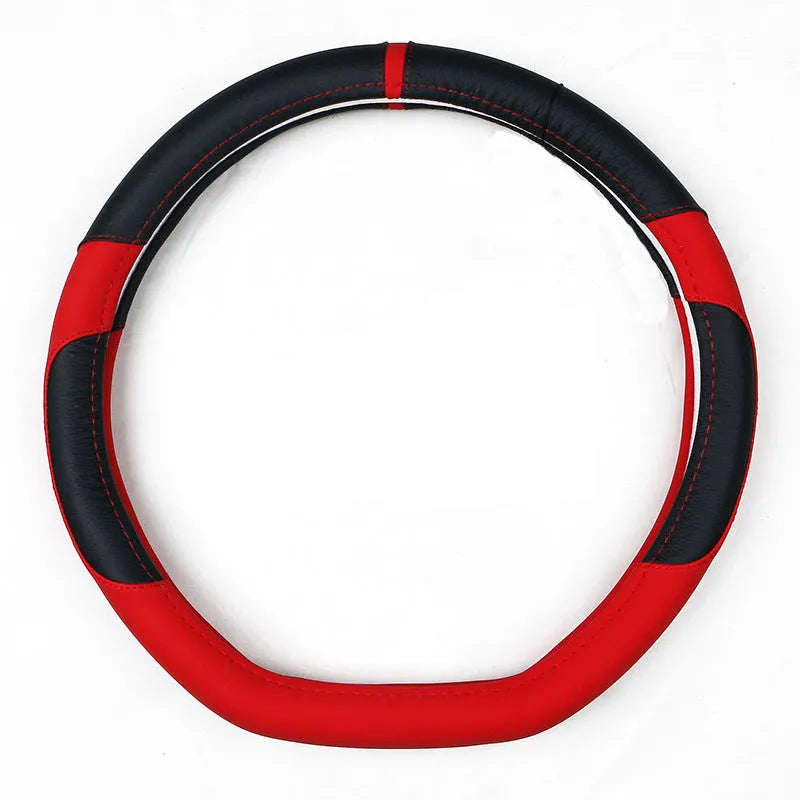 Leather steering wheel cover showing round and D-type styles in red, black, blue, and brown colours