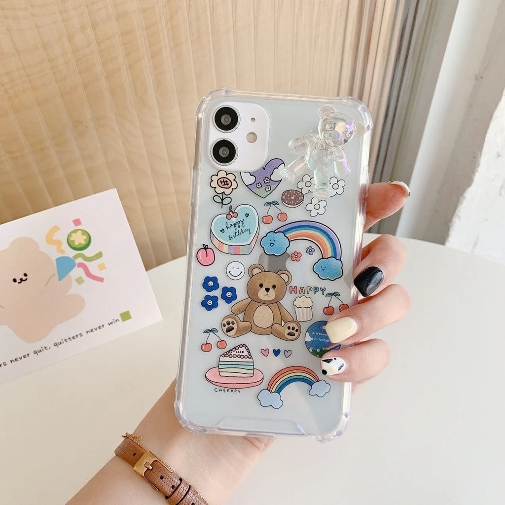 iPhone mobile phone case with a bear chain and pendant in a cartoon style.