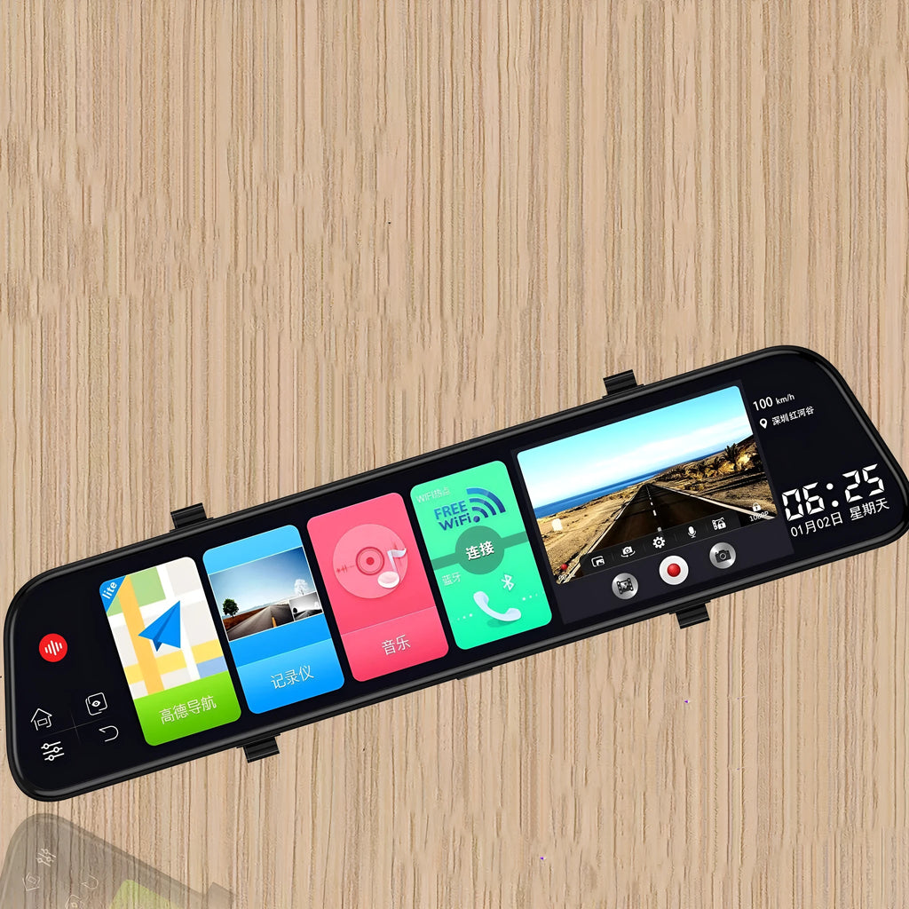 12-inch rearview mirror dash cam with touch screen display showing dual lens recording interface