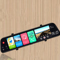 12-inch rearview mirror dash cam with touch screen display showing dual lens recording interface