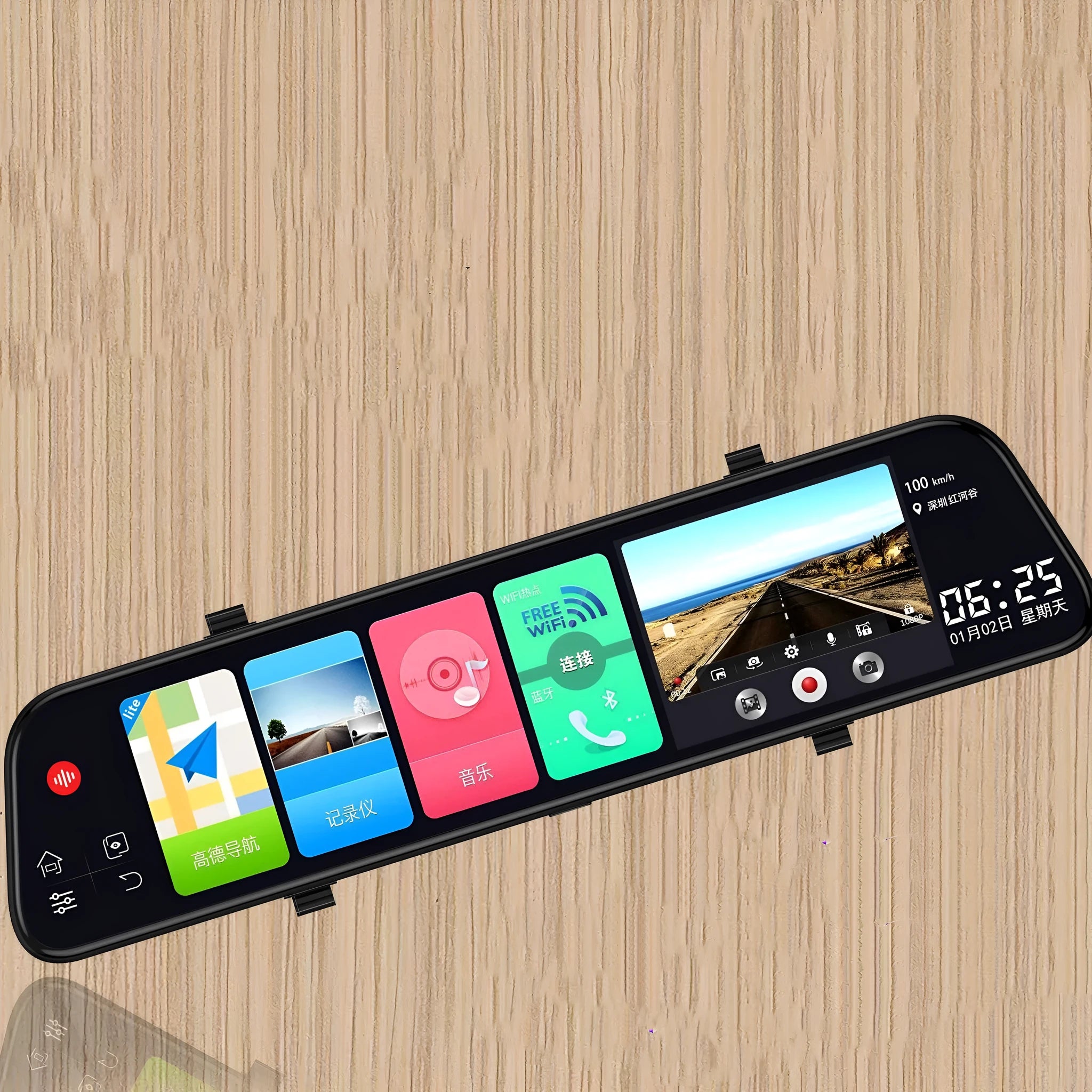 12-inch rearview mirror dash cam with touch screen display showing dual lens recording interface