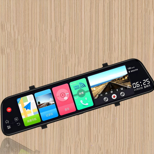 12-inch rearview mirror dash cam with touch screen display showing dual lens recording interface