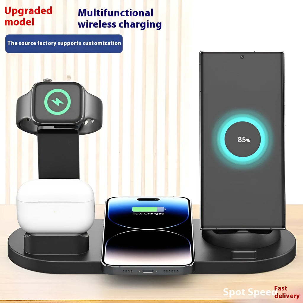 Black multi-device charging stand holding a mobile phone, headphones, and a watch with 15W wireless charging.