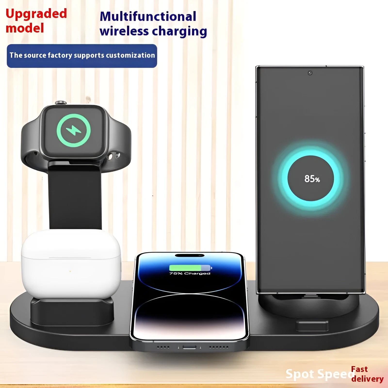 Black multi-device charging stand holding a mobile phone, headphones, and a watch with 15W wireless charging.