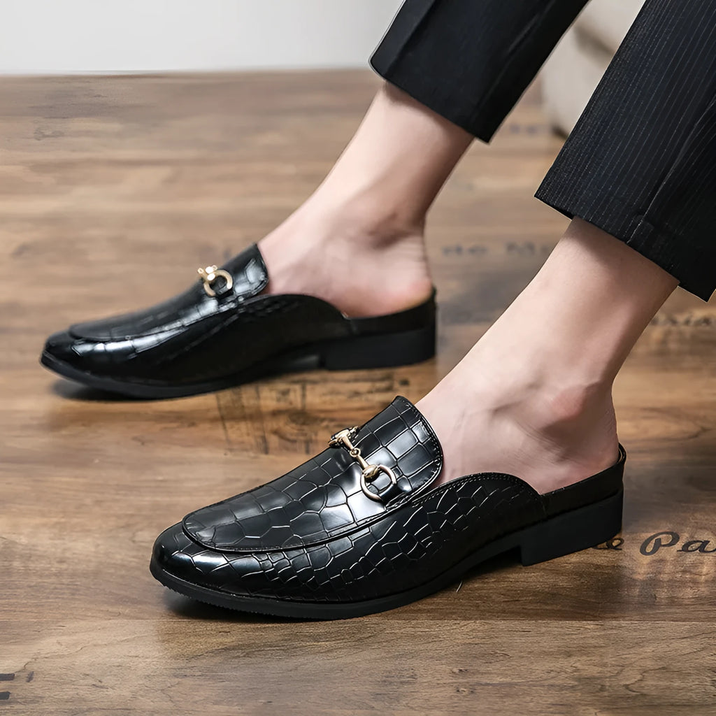 Men's lazy semi slipper leather shoes in black with artificial PU upper, side view