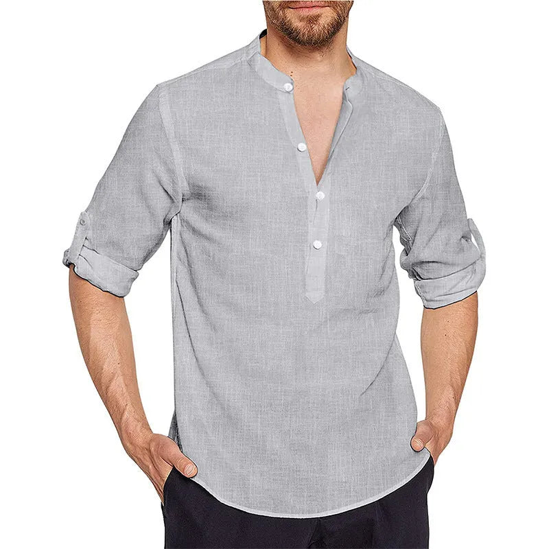Cotton and linen blend long sleeve loose fit casual shirt in white, black, light blue, grey, or apricot