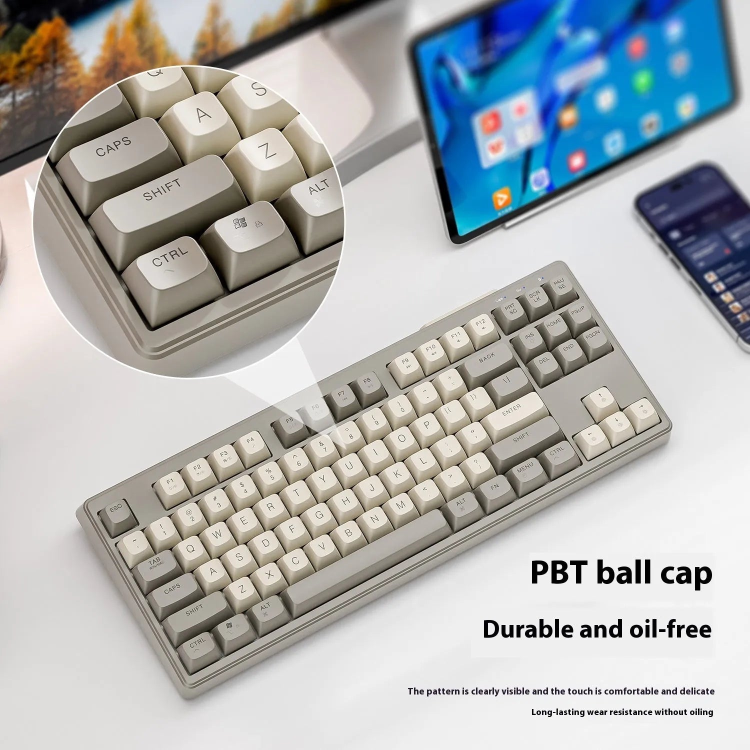 M87 wireless dual-mode mechanical feeling keyboard in blueberry colour on a desk.