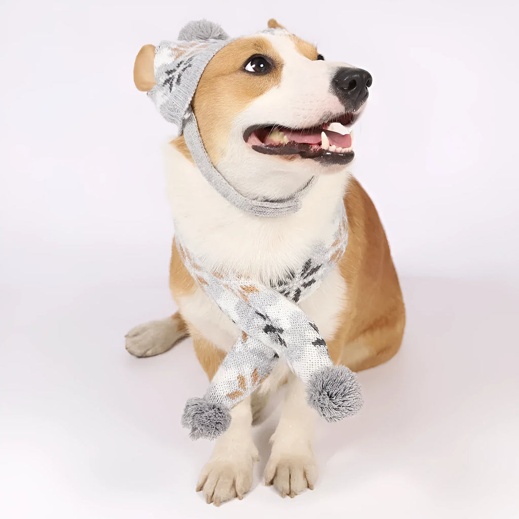 Japanese-style retro jacquard pet clothes set with sweater, scarf, and hat in grey or pink