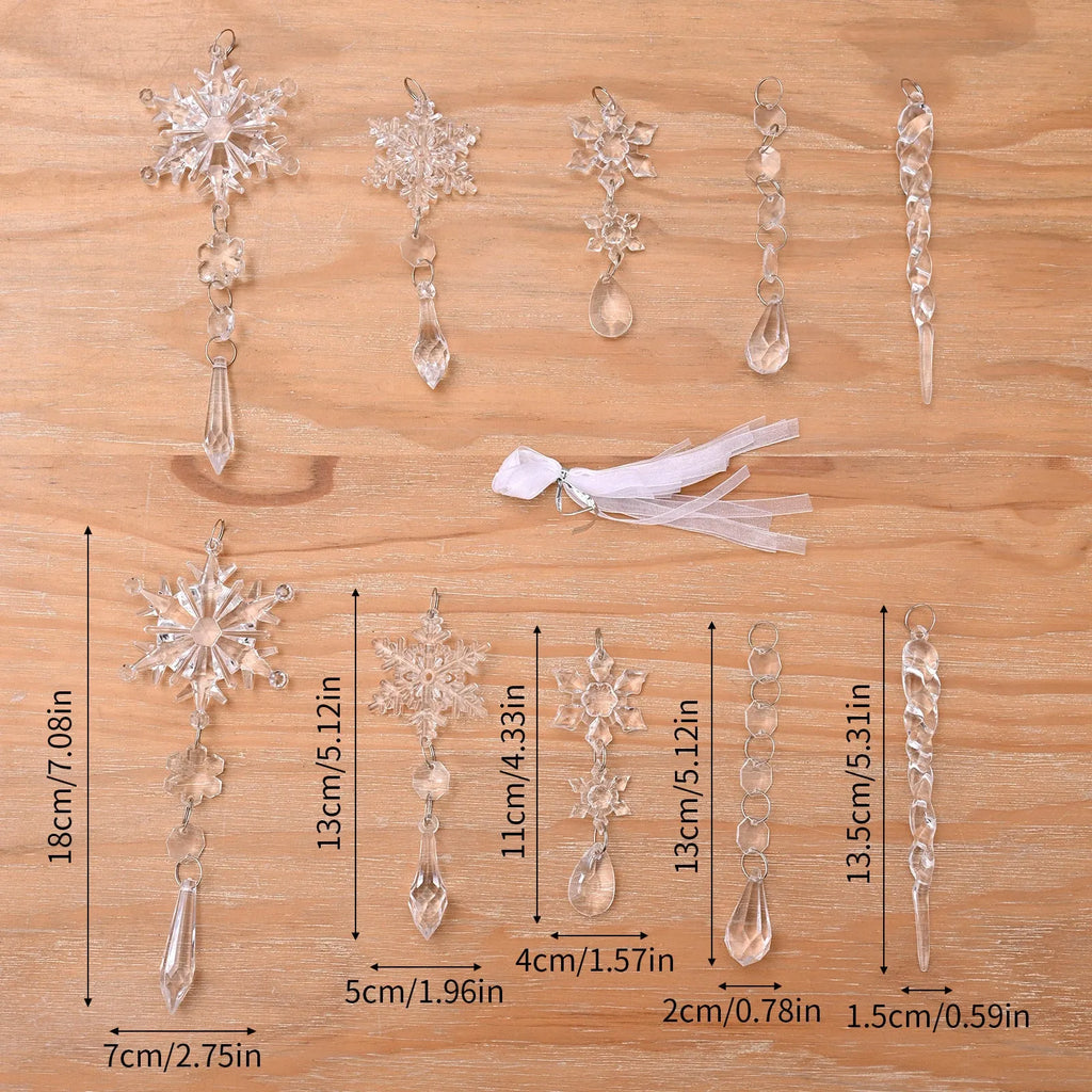 Set of 10 transparent acrylic icicle and snowflake Christmas tree hanging ornaments with ribbons.