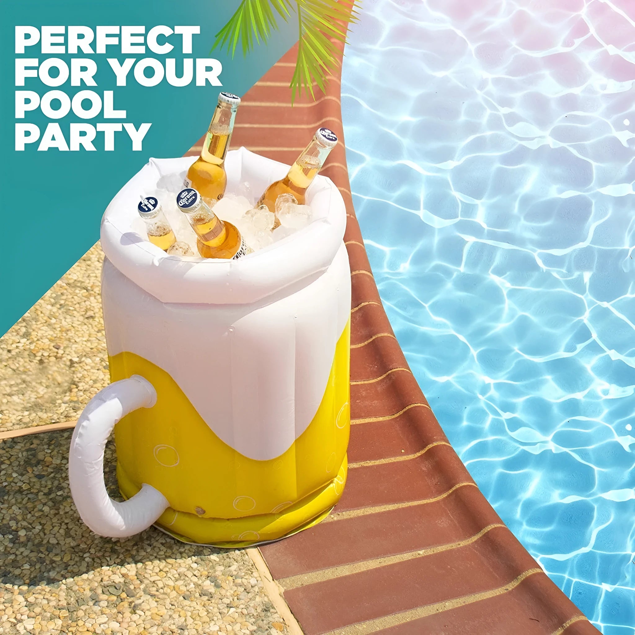 Large yellow inflatable beer mug cooler pool float with drink cans inside.