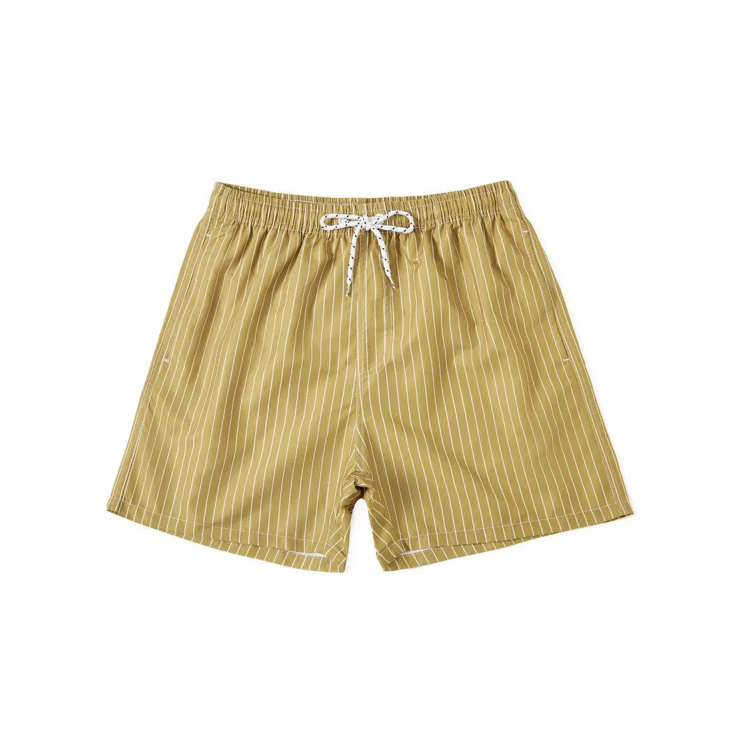 Men's polyester beach shorts with striped triangle pattern in navy blue colour showing straight leg opening