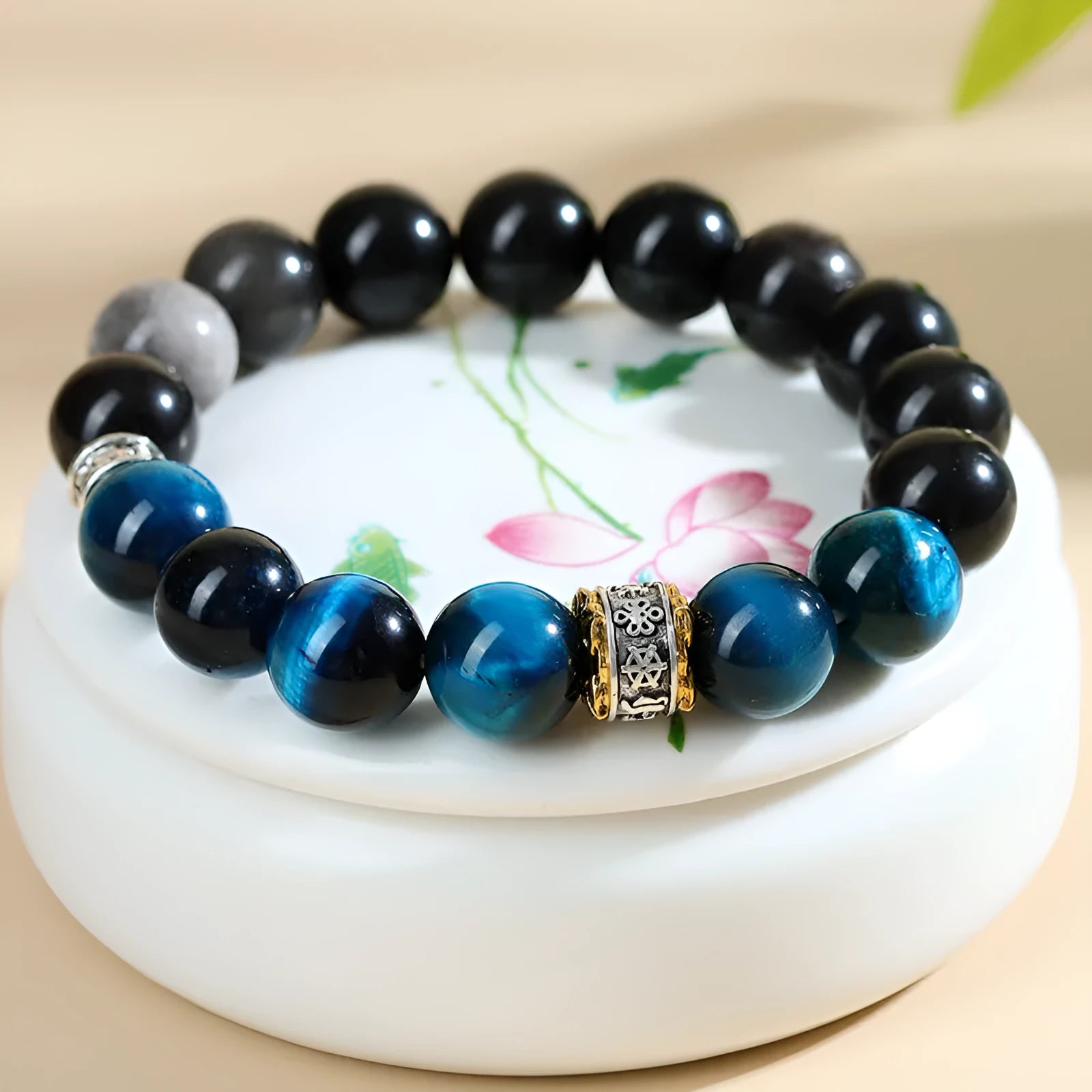 Handmade geometric bracelet with peacock blue Tigereye stone beads in ethnic style