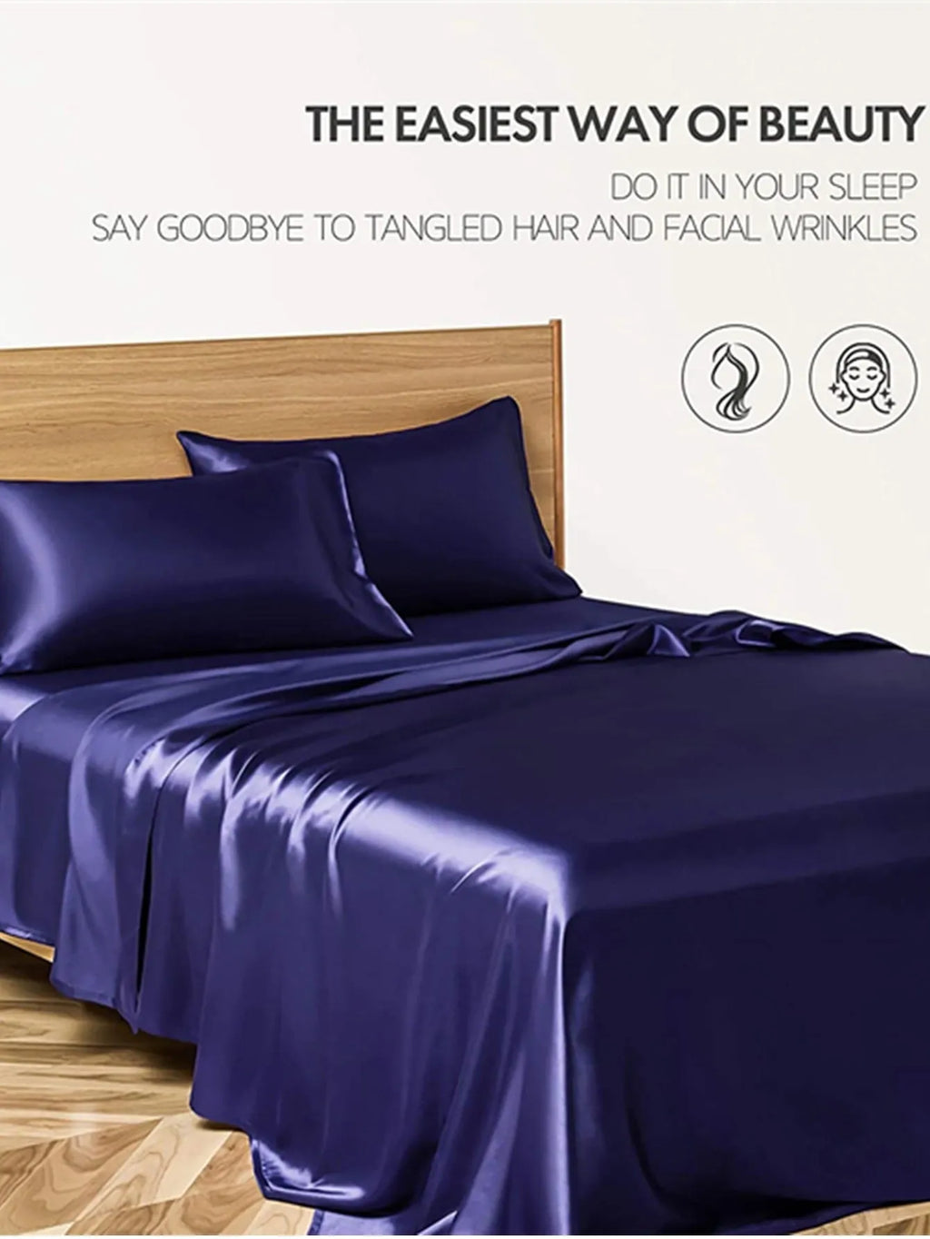 Four-piece imitation silk bedding set in navy blue – includes quilt cover, fitted sheet, and two pillowcases with satin weave finish