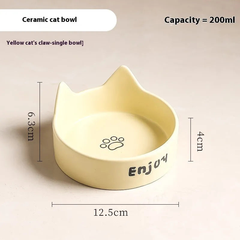 Porcelain cat bowl with cat ears rim and wooden anti-tumble frame in selected colour